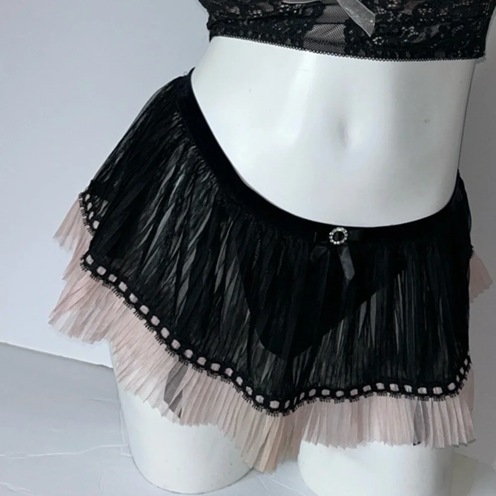 Seductivewear by Cinema Sheer Tulle Pleated Mini Skirt with Garters & Thong Sz M - Picture 2 of 11